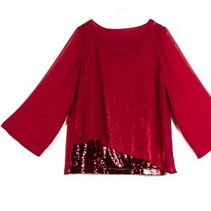 NWT DG2 Diane Gilman Red Asymmetric Sequin Blouse